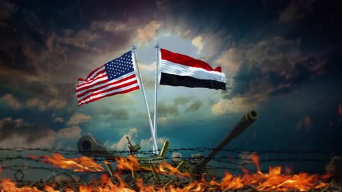 USA and Yemen Flags in Conflict With Tank and Fire