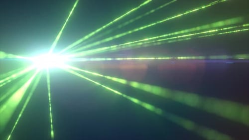 Vivid green light rays shooting from a radiant core with intense lens flares