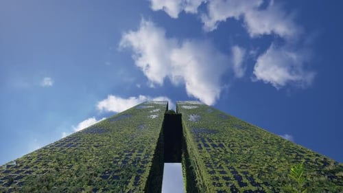 Los rascacielos verdes emergen con un cielo azul y una visión ecológica