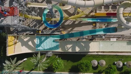 Aerial video over Eilot, the Yo Splash water park, residences and slides, a place of recreation