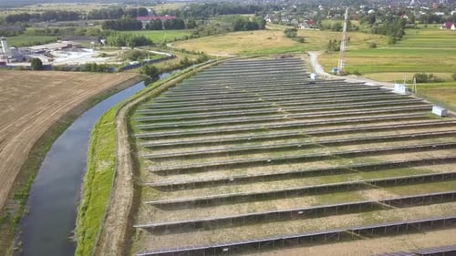 Aerial View of Solar Power Plant Electric Panels for Producing Clean Ecologic Energy