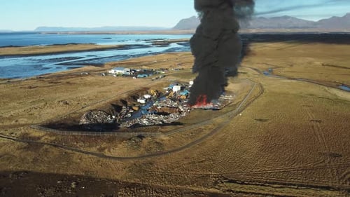 Huge Car Junkyard Fire Black Oil Smoke Pollutes the Atmosphere Ecological Disaster Global Warming