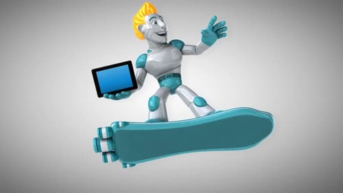 Futuristic Robot Character Riding Hoverboard Holding Tablet