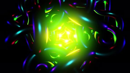 Glowing Kaleidoscopic Neon Tunnel Loop Tubular Metallic Rings Rotating and Pulsing