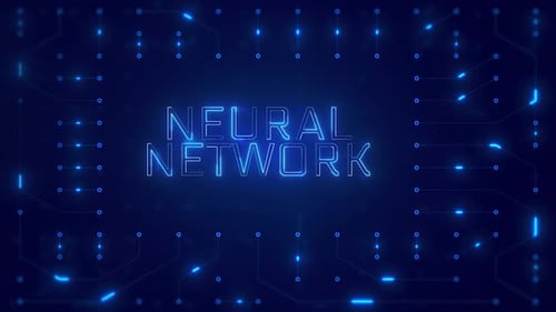 Neural Network Word Text with neon circuit board design or computer semiconductor design