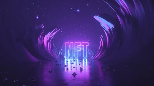Cosmic landscape with glowing neon NFT letters under the starry night sky