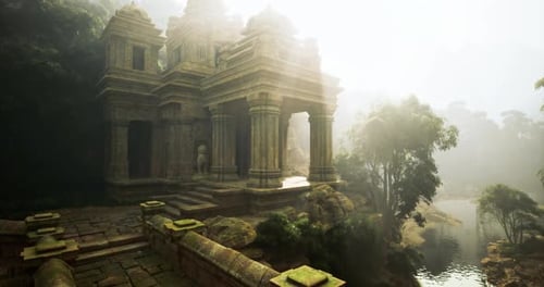 Les ruines d'un ancien temple enveloppées d'une lumière matinale brumeuse