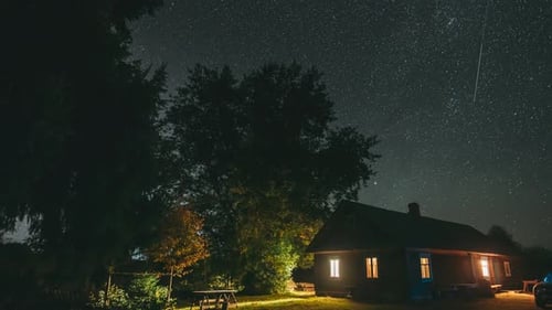 Natural Sky Background Over Rural Old House Countryside Landscape Glowing Stars Effects Real