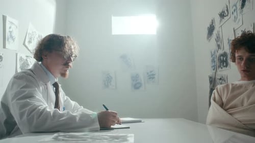 Doctor Consults Patient in Straight Jacket in Hospital