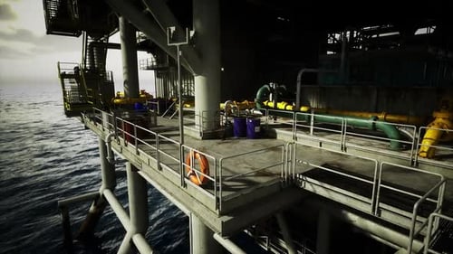 Sturdy Drilling Installation Facing Tumultuous Ocean with Dramatic Lighting