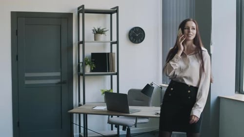Business Lady in a Business Suit Talking on the Phone in the Office