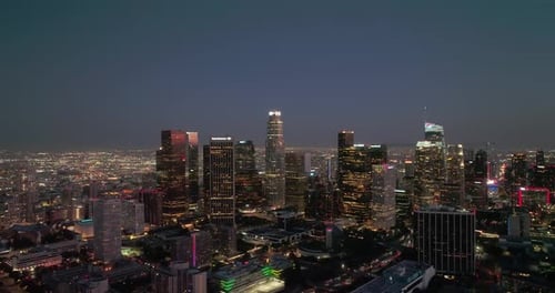Scenic Aerial View of City of Downtown Los Angeles Skyline at Dusk Night Famous Skyscrapers