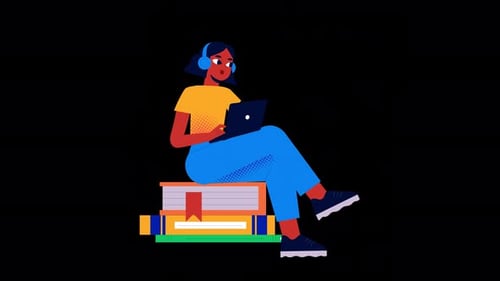 Animated Flat Design Character Studying on Books with Laptop