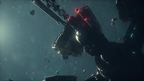 Cinematic Futuristic Space Station Flyby in Asteroid Field