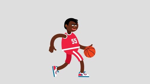 Ein afroamerikanischer Basketballspieler im Cartoon-Stil dribbelt einen Ball