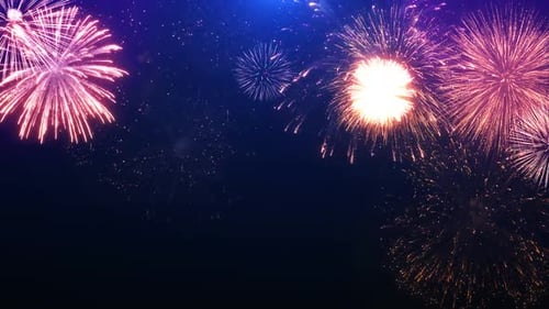 Loop Shining Fireworks with Bokeh Lights in the Night Sky Animation Background