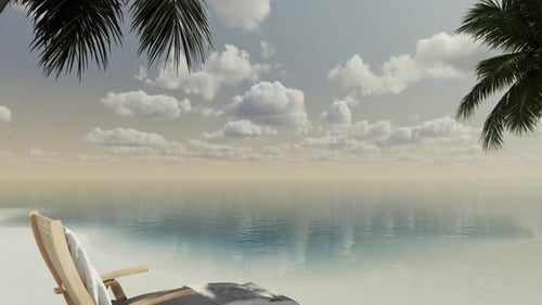 Summer landscape with a sun lounger and a yacht near the sea with palm trees
