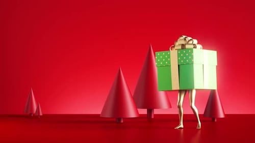 looping animation of a funny dancing green gift box with golden legs