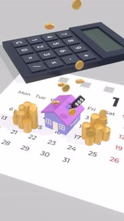 3D House Animation with Coins, Calculator and Calendar for Mortgage and Taxes Concepts.