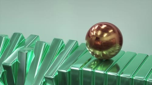 Sleek 3D Animation of a Bronze Sphere Gliding Over Emerald Crystal Ridges Modern and Chic