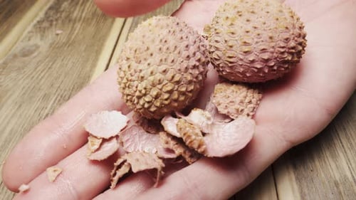 Litschifrucht, scharfe Schale, Fruchtfleisch und Knochen in Nahaufnahme.