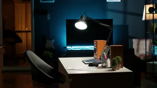 Modern Home Office in a Stylish Apartment with Wooden Furniture