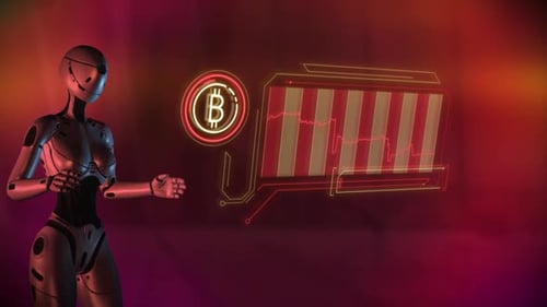 An AI Robot Monitors The Fall Of Bitcoin Quotes On A Virtual Panel