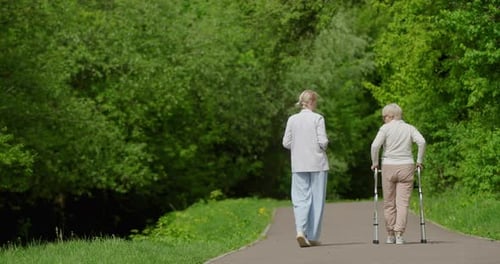 A Caregiver Walks in the Park with an Elderly Woman Who Uses a Walker Rear View