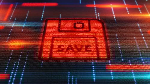 Icône de disquette rétro brillante sur fond numérique avec flux de données