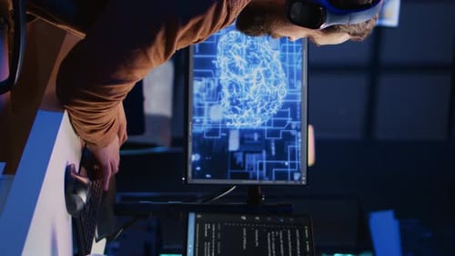 IT Expert Enjoying Coffee and Audio Podcasts While Writing AI Code