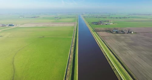 Aerial view of canal Eemskanaal and countryside, Groningen, The Netherlands.