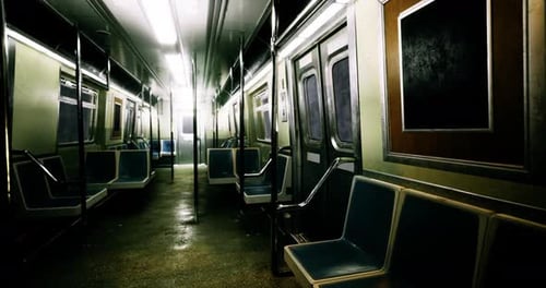 Compartiment de métro vide avec éclairage tamisé et sièges usés