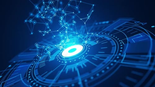 Abstract loop of connected nodes forming a digital network. Looping move.