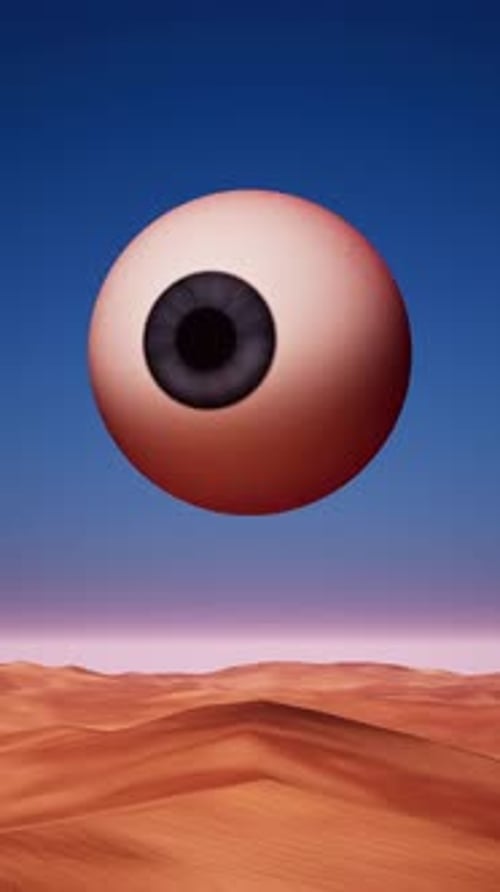 Desert Landscape Against Cloudy Sky With Floating Eyeballs