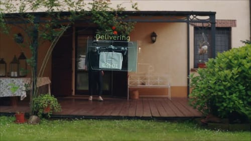 Foto aérea de drone futurista anônimo com hologramas de realidade aumentada está fazendo uma lanchonete