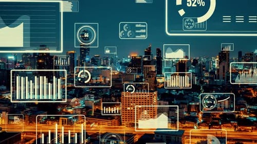 Business Data Analytic Interface Fly Over Smart City Showing Alteration Future