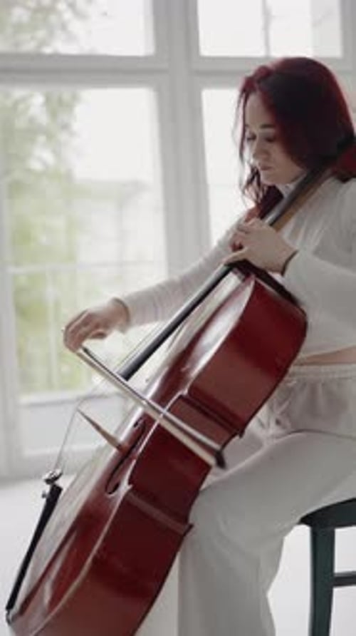 Woman Plays Cello in Bright Room by Window