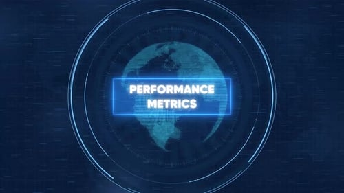 Interfaz hud digital de métricas de rendimiento con fondo de red de datos global rotativo