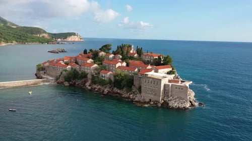 Amazing Aerial Around View of Sveti Stefan Resort Island in Montenegro Drone Video The Small Old