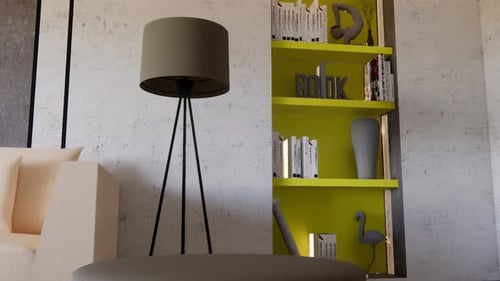 Smooth Camera Pan of Modern Living Room with Bookshelf