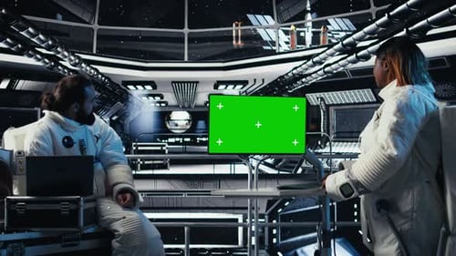 Astronaut Reviewing Onboard Analytics on Green Screen Monitor