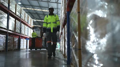 Worker in auto parts warehouse use a forklift to work to bring the box of auto parts