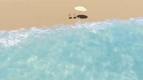 3D render. Umbrella with two sun loungers on the shore of the blue sea.