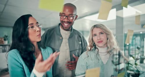 Business, office and people with sticky note in discussion for problem solving