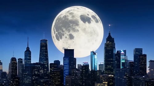 Full Moon Over City Skyline At Night