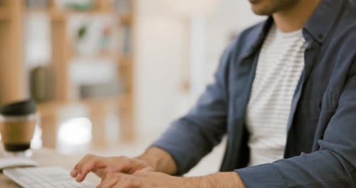 Smile, businessman at desk with computer for research on online article, review or networking