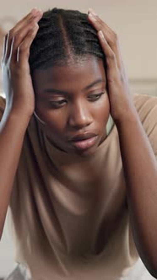 Depressed, student and woman in home, thinking or unhappy with bad grades, anxiety or mental health
