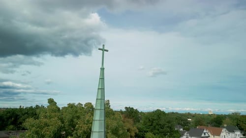 Aerial Close Up View of Old Temple or Catholic Church in Countryside Cloudy Day