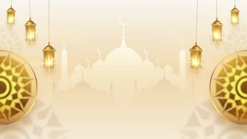 Ramadan Eid Mubarak Animated Background with Golden Lanterns and Mosques