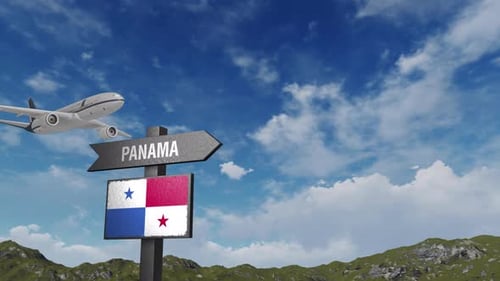 Panama Flag With Airplane And Arrow Sign